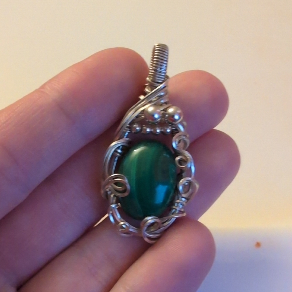 Silver Malachite Wire Wrapped Pendant - Picture 2 of 7